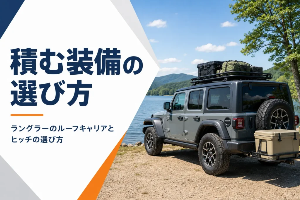 ルーフラックとヒッチキャリアに荷物を載せたラングラー