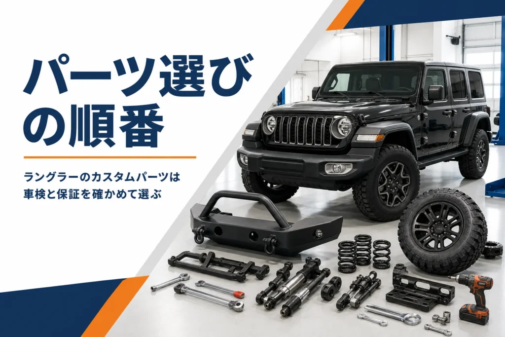 整備工場でラングラーの前にカスタムパーツが並べられている様子