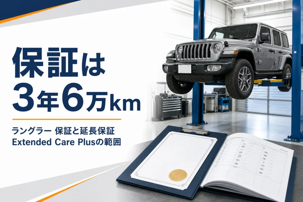 整備工場のラングラーと保証書、新車保証と延長保証のイメージ
