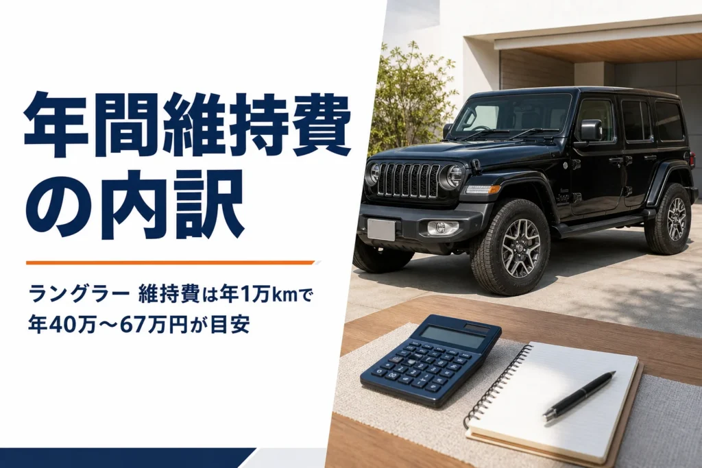自宅の駐車場に停めた4ドアのラングラーと家計ノート
