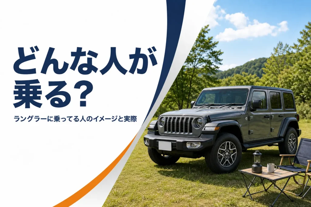 キャンプ場に止めた本格SUVとアウトドア用品を写した、ラングラーに乗っている人のイメージ記事のアイキャッチ