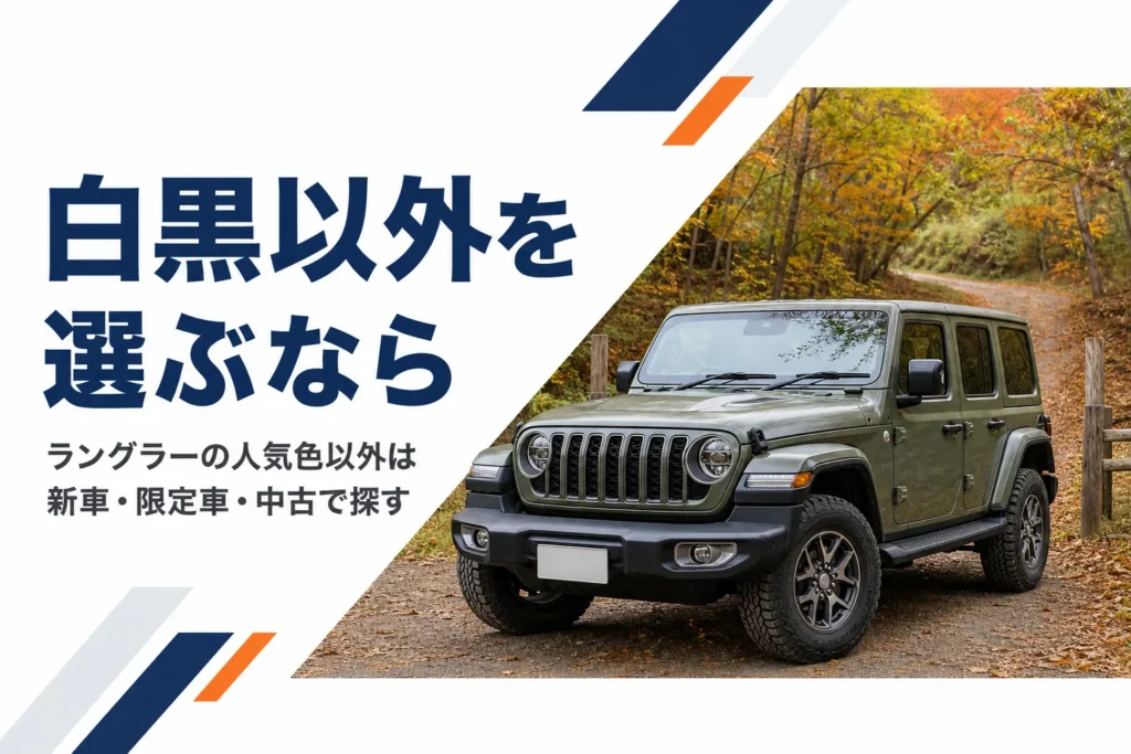 林道の入口に停まっているカーキ系の色のラングラー