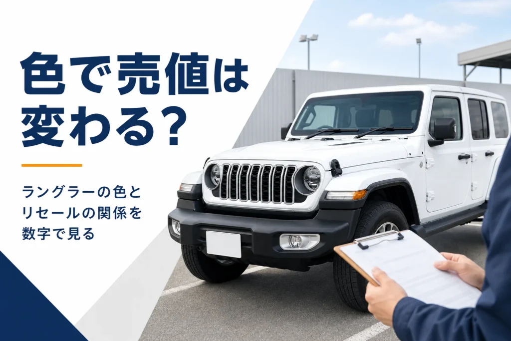 白いラングラーのボディの状態を確かめている査定の手元