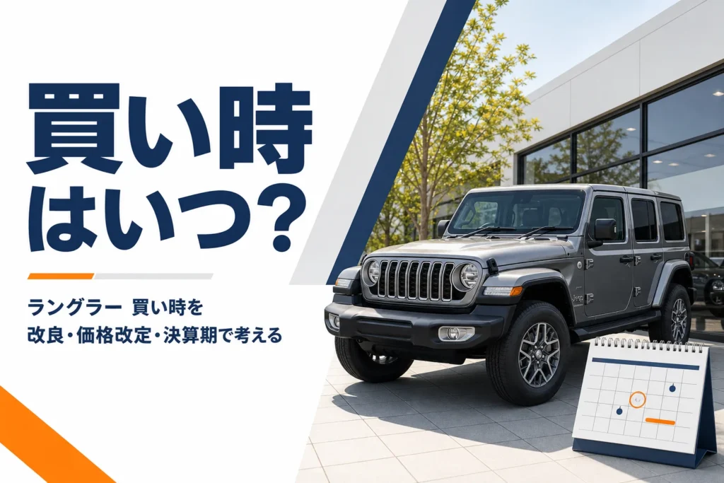 店頭のラングラーとカレンダー、買い時を考えるイメージ