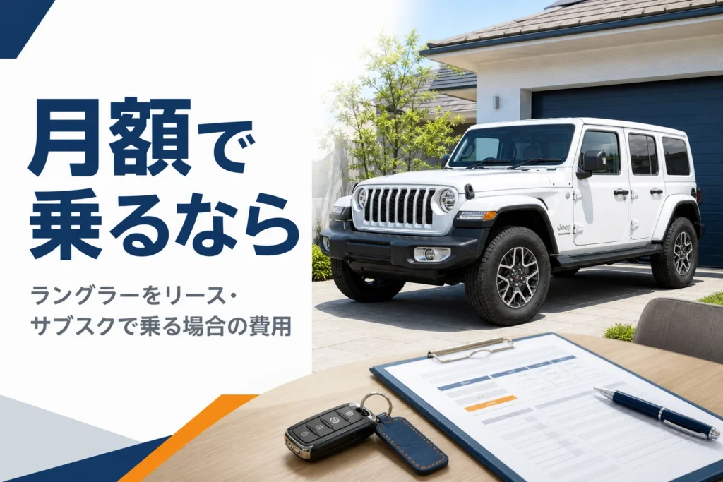 住宅のガレージ前のSUVと手前の月額プランの書類を写したリース記事のアイキャッチ
