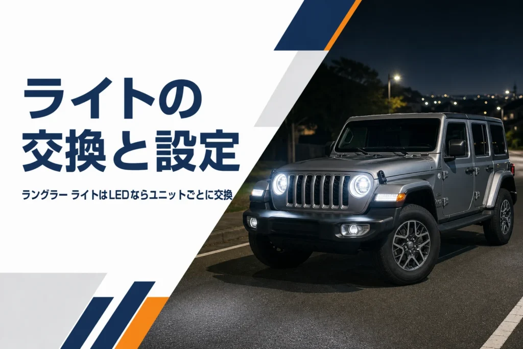 夜道で丸目のLEDヘッドライトを点けたラングラー