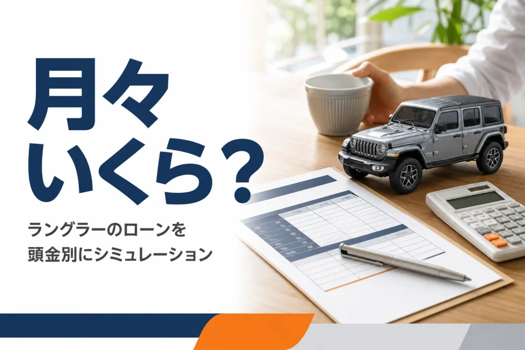 テーブルの上のシミュレーション表と電卓とSUVのミニカーを写したローン記事のアイキャッチ