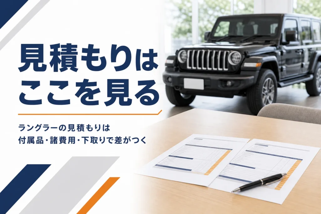 商談テーブルに並んだ2枚の見積書と奥のオフロードSUVを写したラングラーの見積もり記事のアイキャッチ