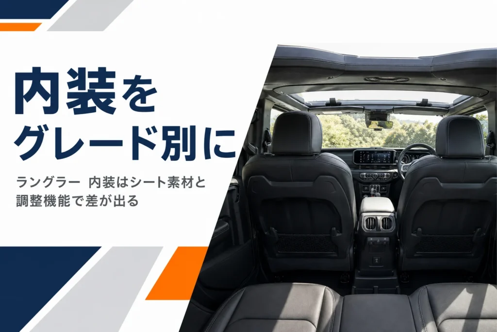 後席側から見たラングラーの黒い内装と運転席まわり