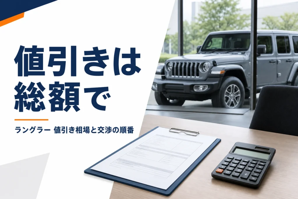 商談テーブルの見積書と窓の外のラングラー、値引き交渉のイメージ