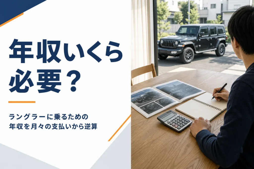 家計簿と電卓と車のカタログを広げたテーブルを写した年収記事のアイキャッチ