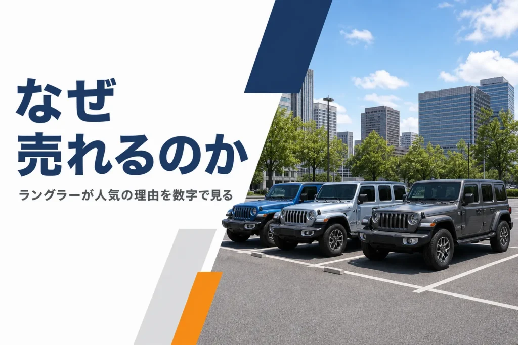 駐車場に並ぶ色違いの本格SUVを写した、ラングラーの人気の理由を解説する記事のアイキャッチ