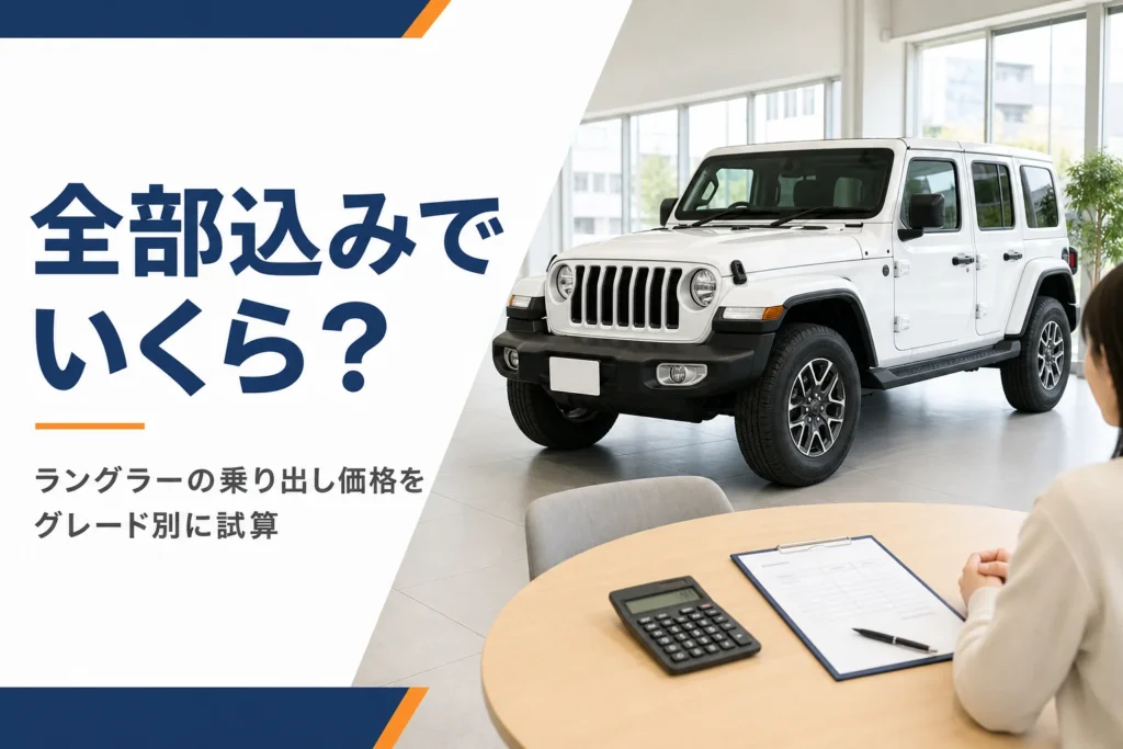 ショールームの4ドアSUVと手前の電卓と見積書を写したラングラーの乗り出し価格記事のアイキャッチ