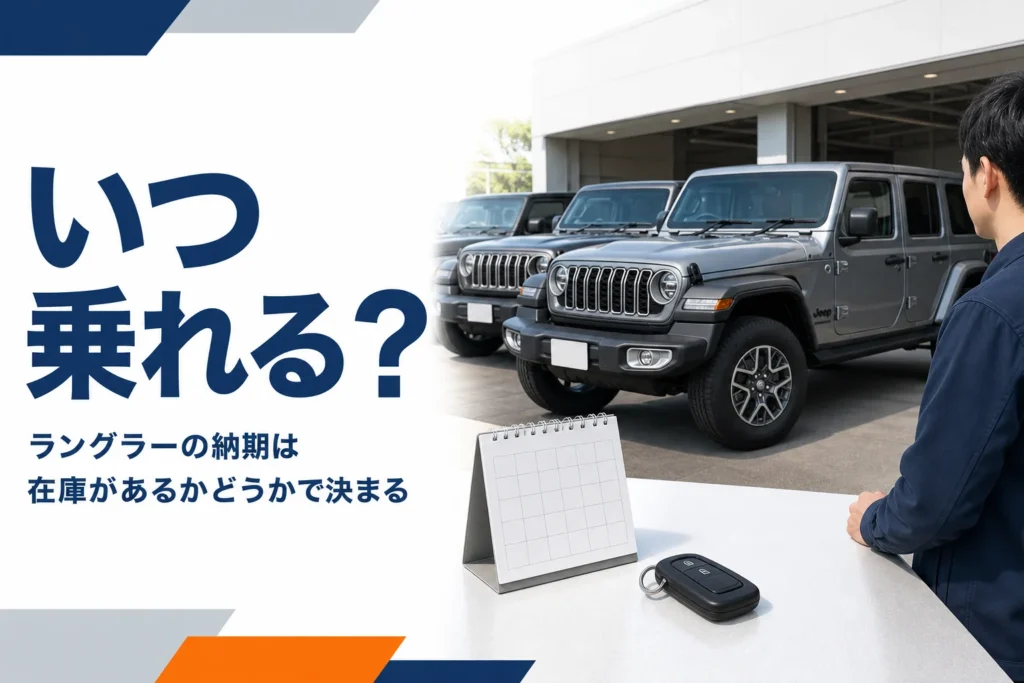 納車準備エリアのオフロードSUVとカレンダーと車のキーを写したラングラーの納期記事のアイキャッチ