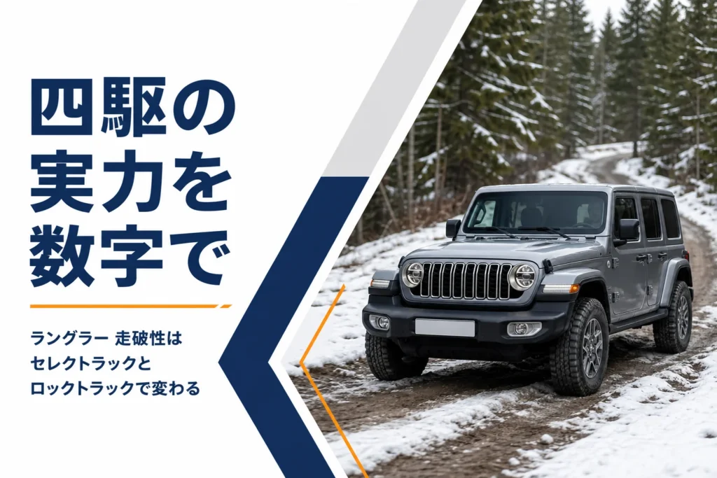 雪の林道を走る4ドアのラングラー