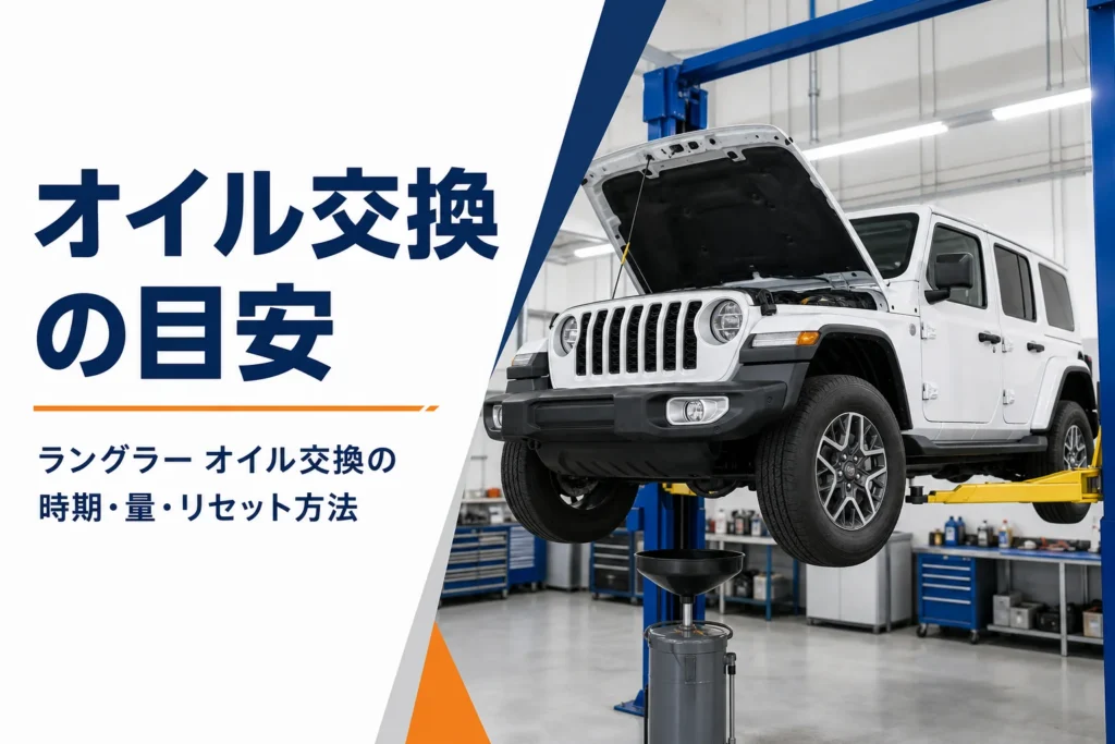整備工場でボンネットを開けたラングラー
