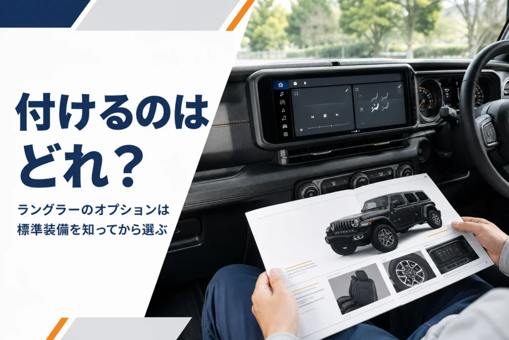オフロードSUVの大型タッチスクリーンと手元のカタログを写したラングラーのオプション記事のアイキャッチ