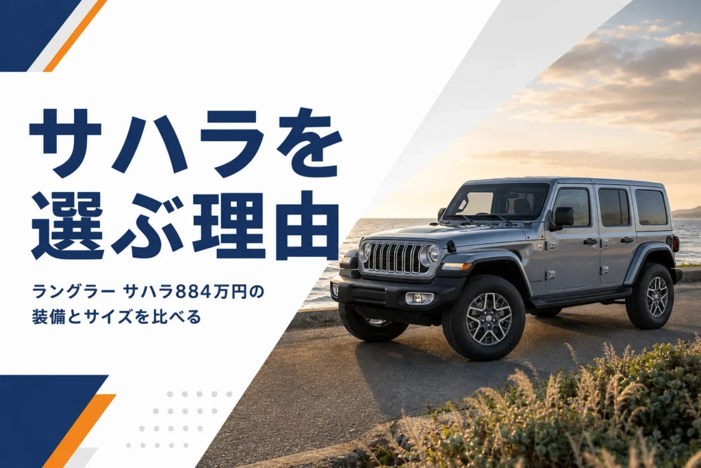 海沿いの道に停まるボディ同色ハードトップのラングラー サハラ