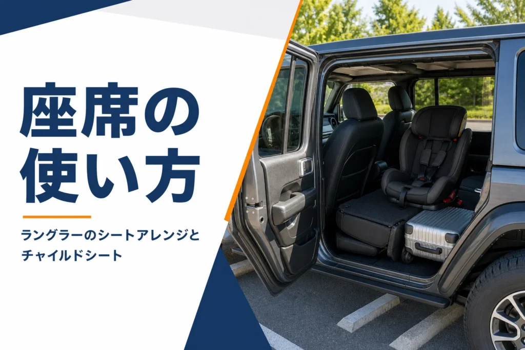 後席の片側を倒しチャイルドシートを付けたラングラーの車内