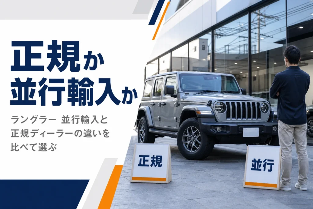 正規ディーラーの前に止まるラングラーと、正規か並行輸入かを比べるイメージ