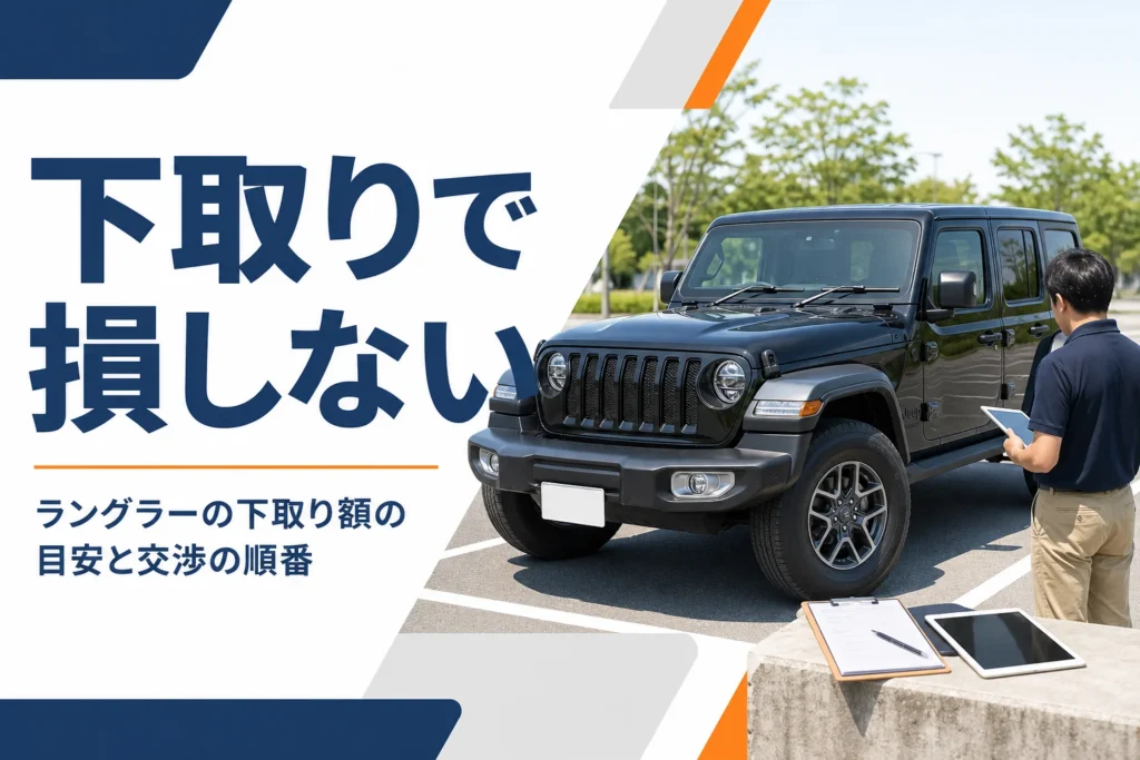 駐車場の4ドアSUVと査定用のクリップボードを写した下取り記事のアイキャッチ