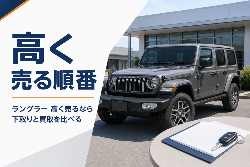 書類と鍵が置かれたテーブルの奥に停まるラングラー