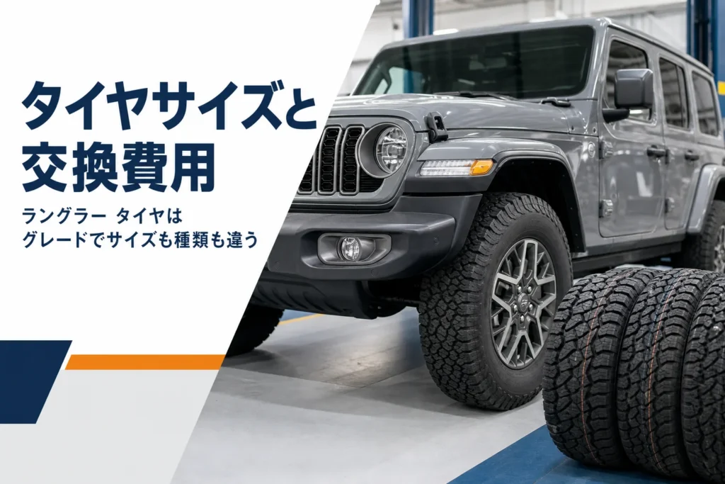 タイヤショップで交換を待つラングラーの前輪と新品タイヤ