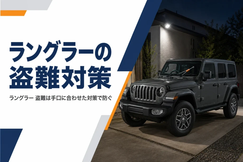 夜の自宅駐車場に停まりセンサーライトに照らされるラングラー