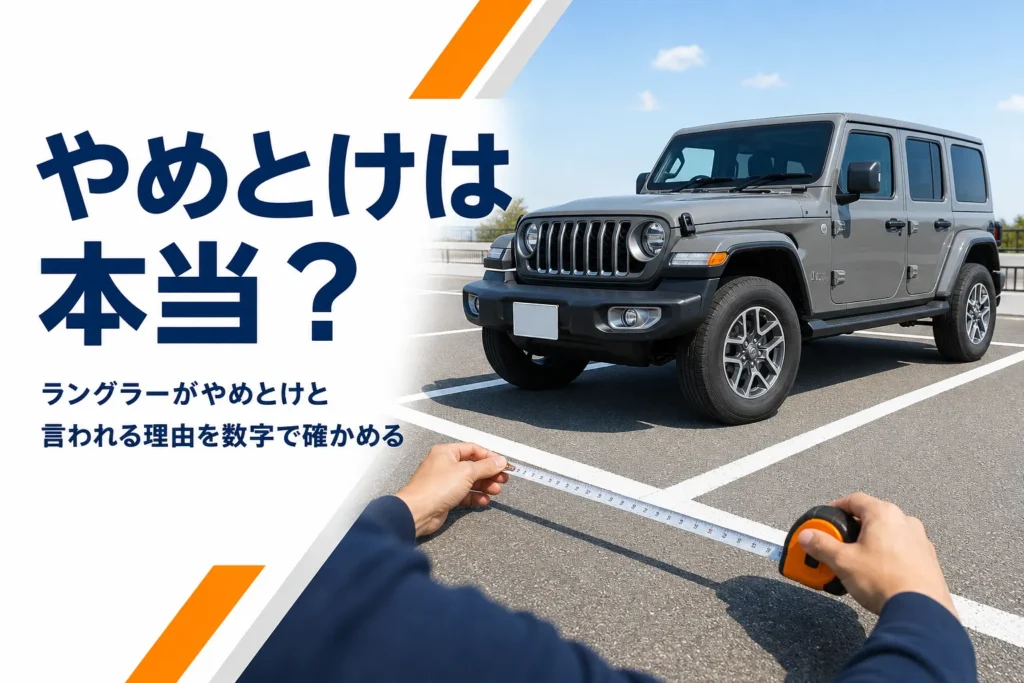 本格SUVの横で駐車スペースの幅を測る手元を写した、ラングラーの欠点を確かめる記事のアイキャッチ