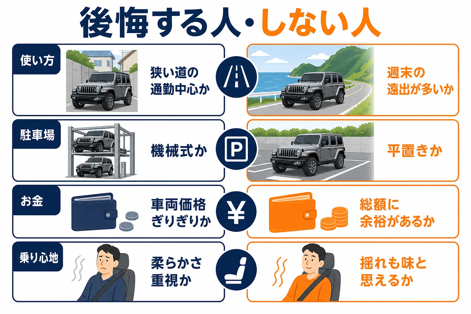 ラングラーを買って後悔しやすい人と後悔しにくい人の違いを比べた図解