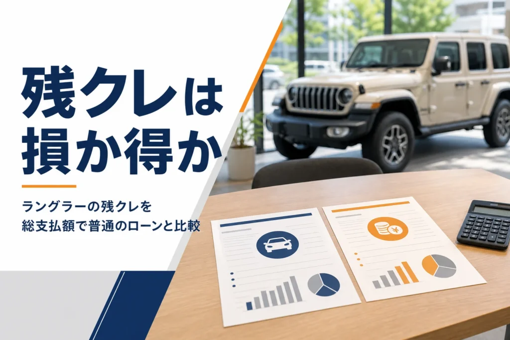 商談テーブルの2枚の支払いプランと電卓、背景のSUVを写した残クレ記事のアイキャッチ
